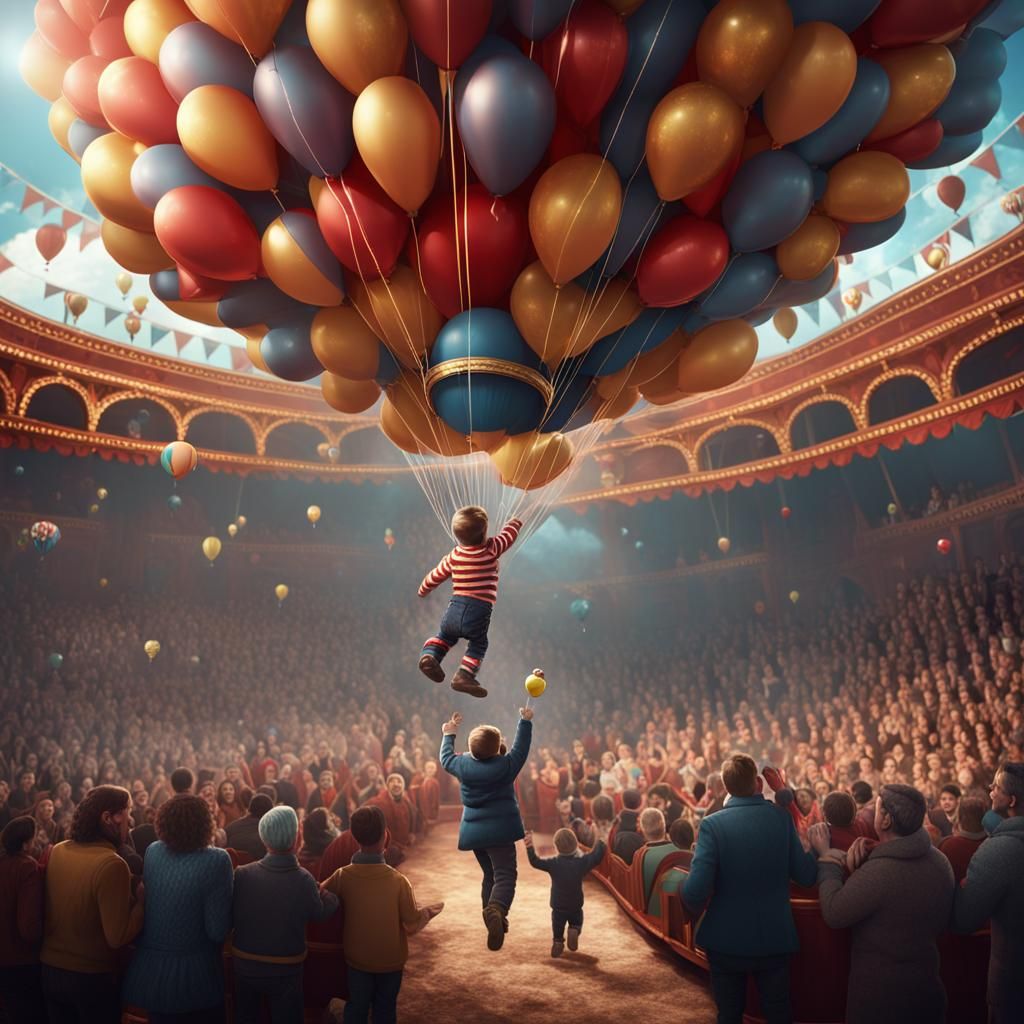Child Lifted by Balloon in Whimsical Circus Scene