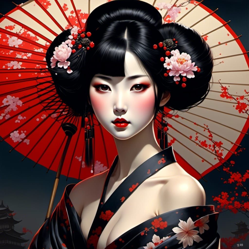 Elegant Geisha Portrait in Anime Manga Style