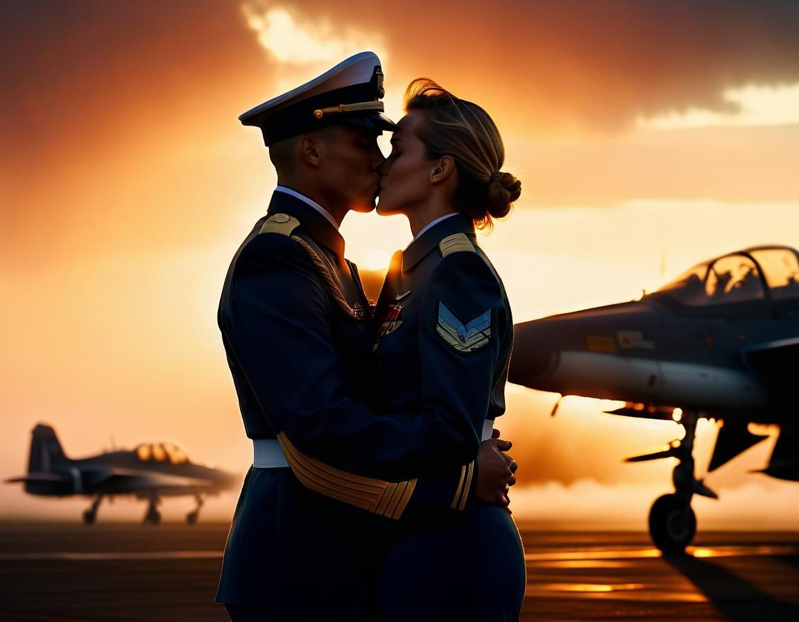 Passionate Kiss on Airfield in Cinematic Style