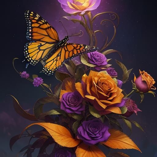 Golden Rose with Butterfly in Detailed Matte Painting