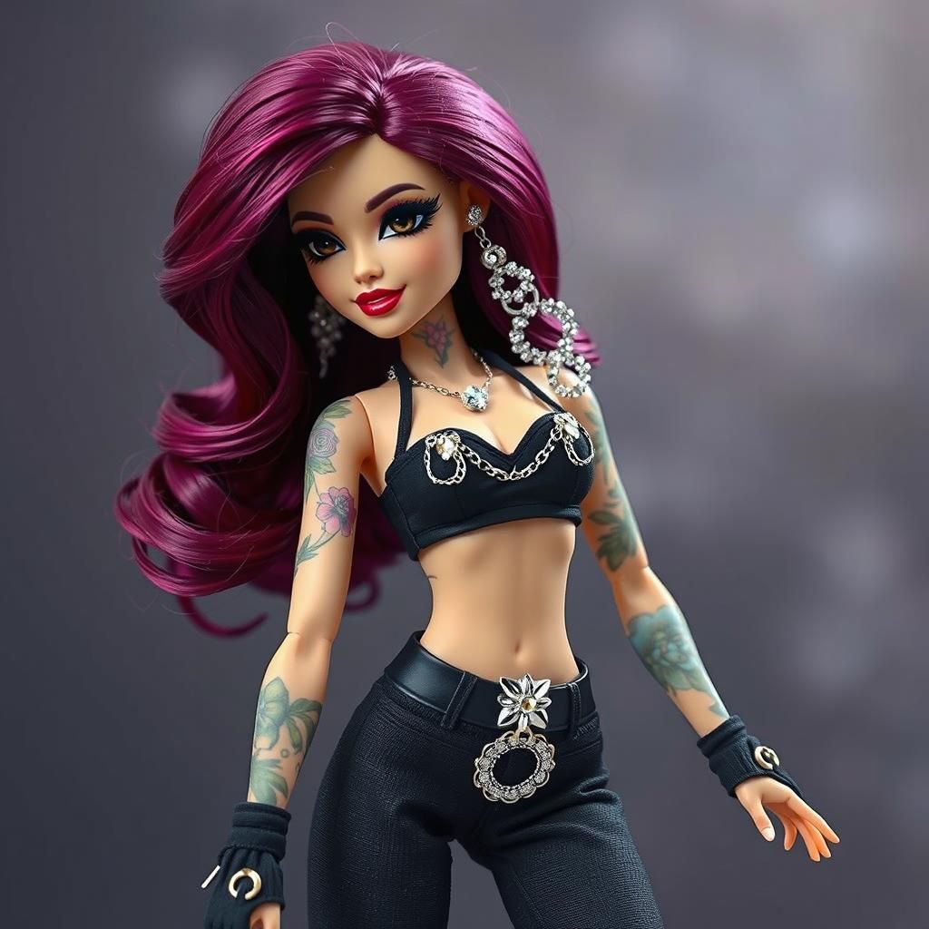 Gangster Barbie with Floral Tattoos, Photorealistic Style