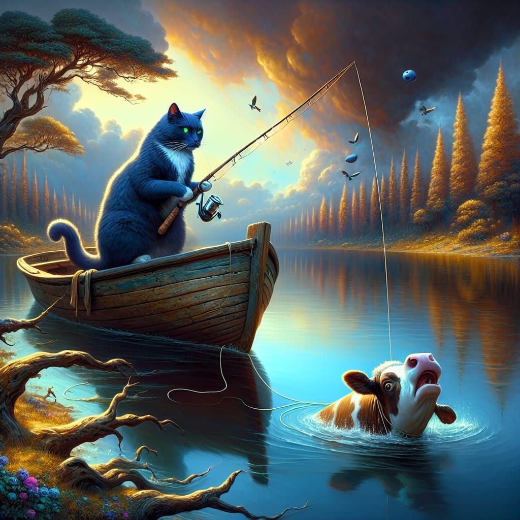 Cat Fishing for a Cow on a Lake, Fantasy Art