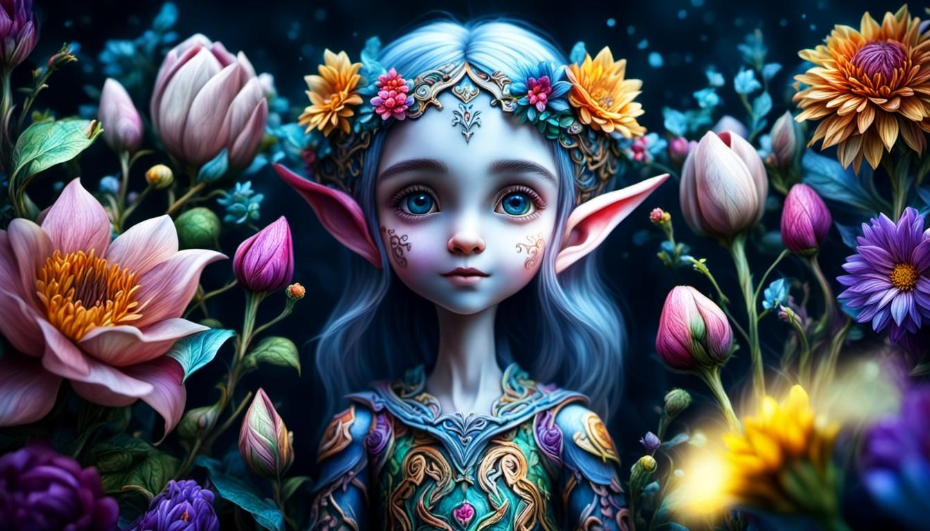 Detailed Elves Surrounded by Hearts and Flowers