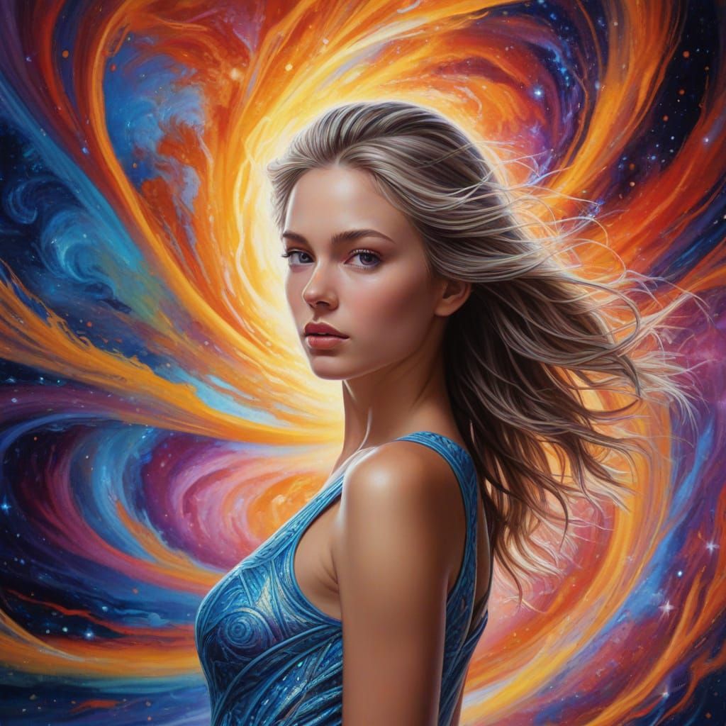 Celestial Woman Emerges from Nebula in Surrealist Style