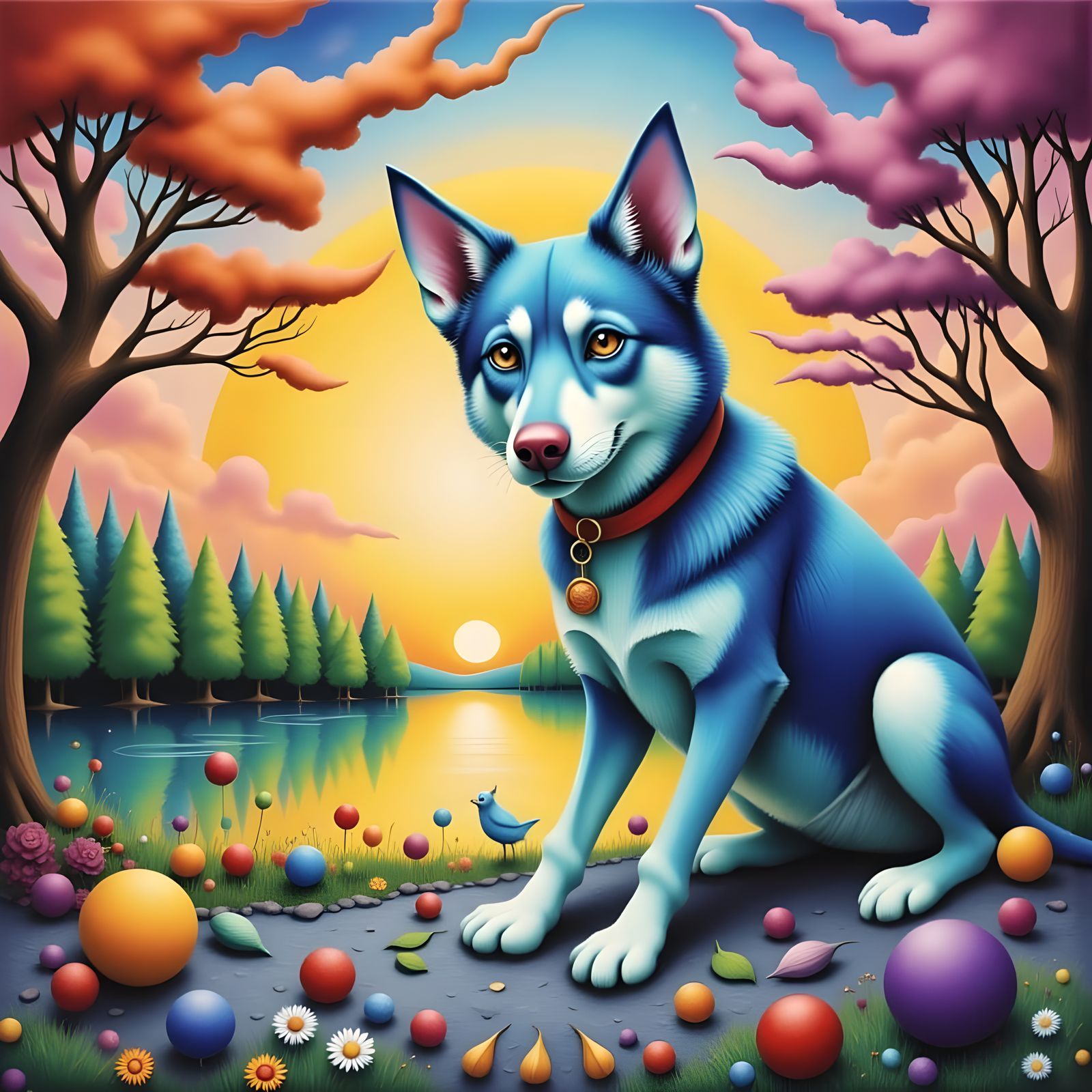 Blue Dog on Surreal Beach in Autumn Sunset