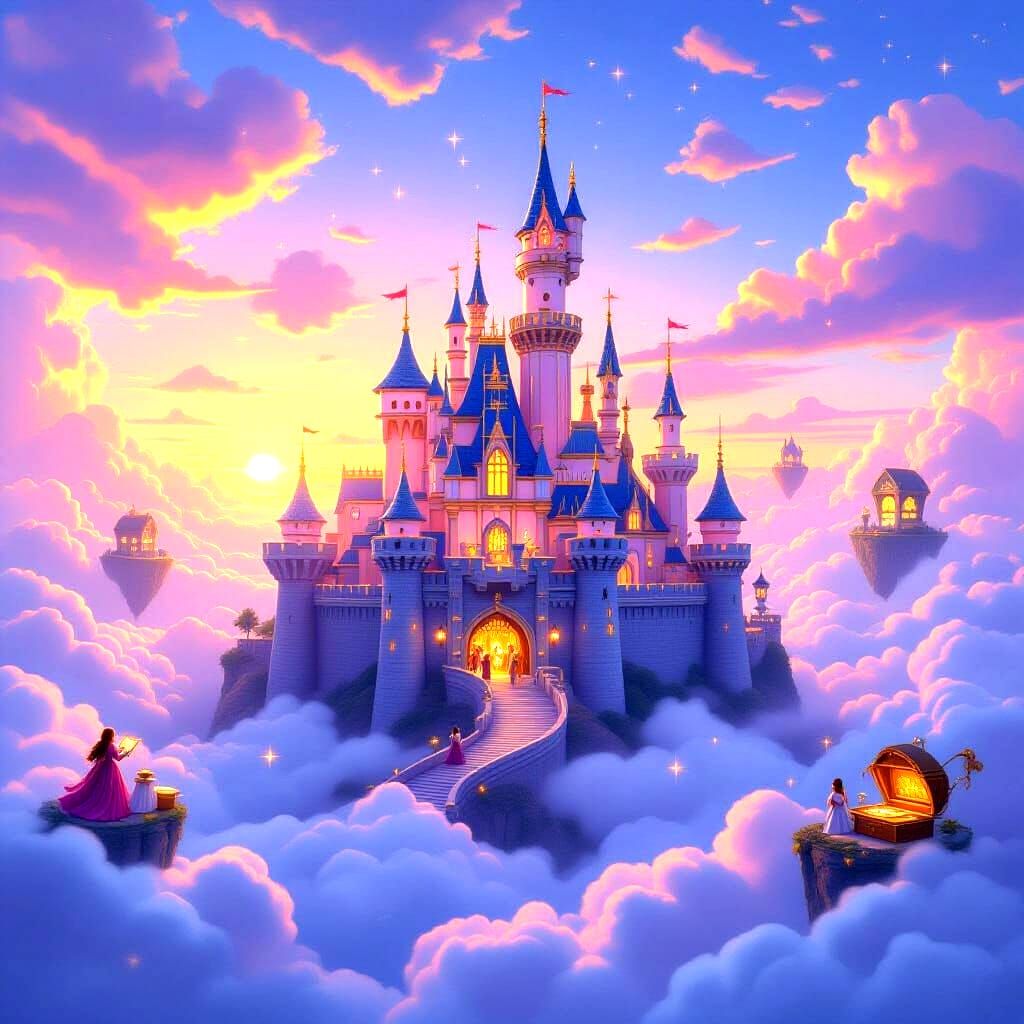 Enchanted Floating Castle Amidst Sunset Clouds