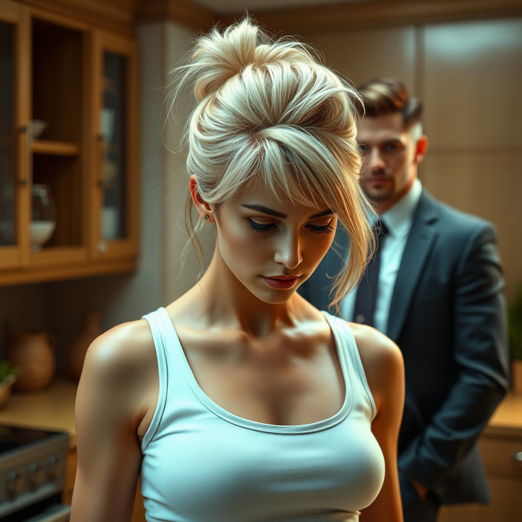 Blonde Woman in Kitchen, Detailed Matte Painting