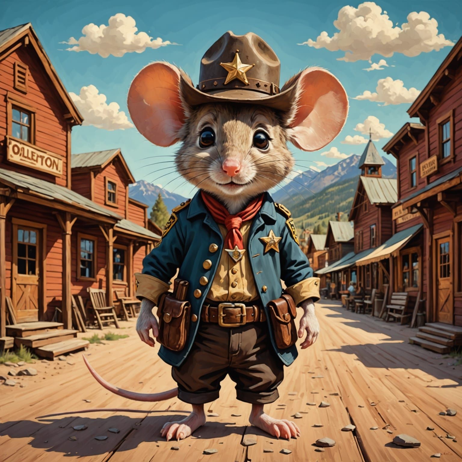 Cute Cartoon Sheriff Mouse in 1888 Western Town