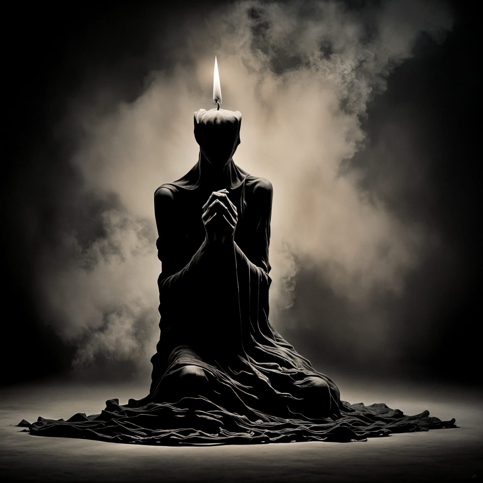 Anguished Candle Woman in Monochrome Haze