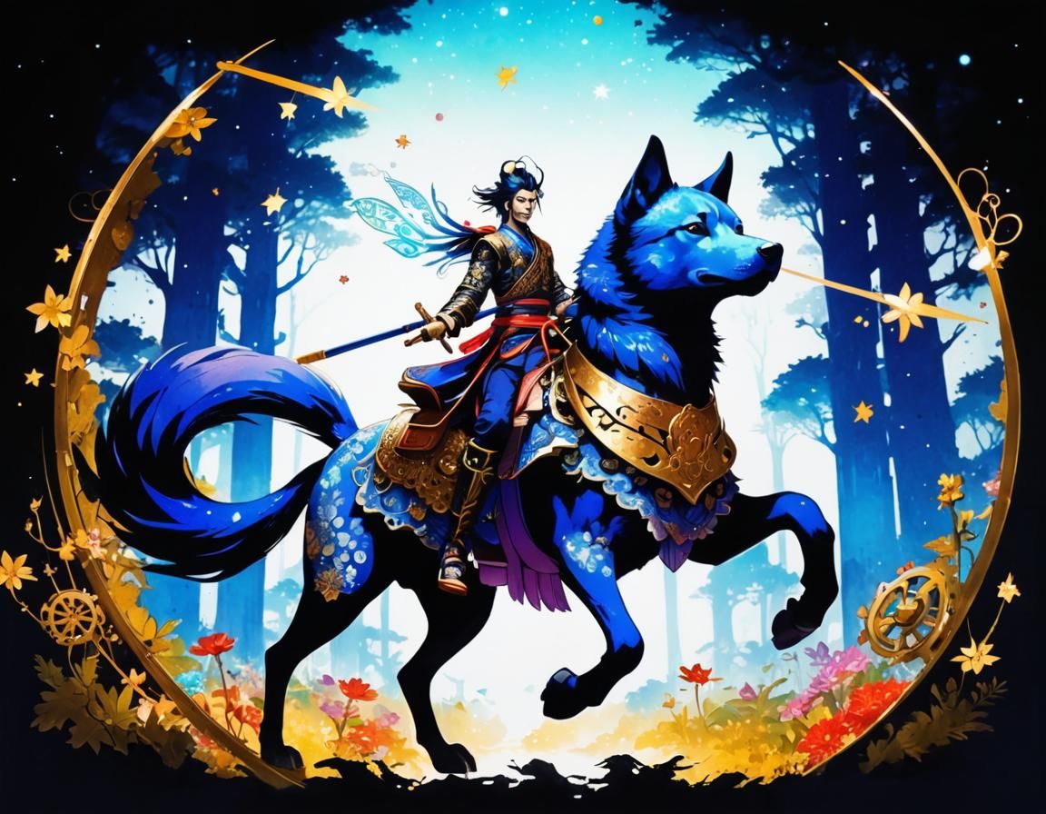 Samurai Rides Clockwork Shiba Inu in Bioluminescent Forest