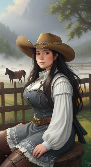 Cowgirl on Fence in Ethereal Fantasy Style