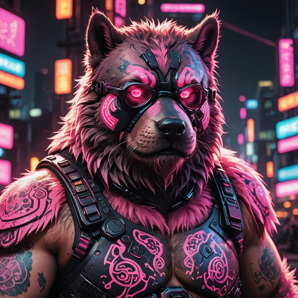 Cyberpunk Fursuit Character in Neon Cityscape