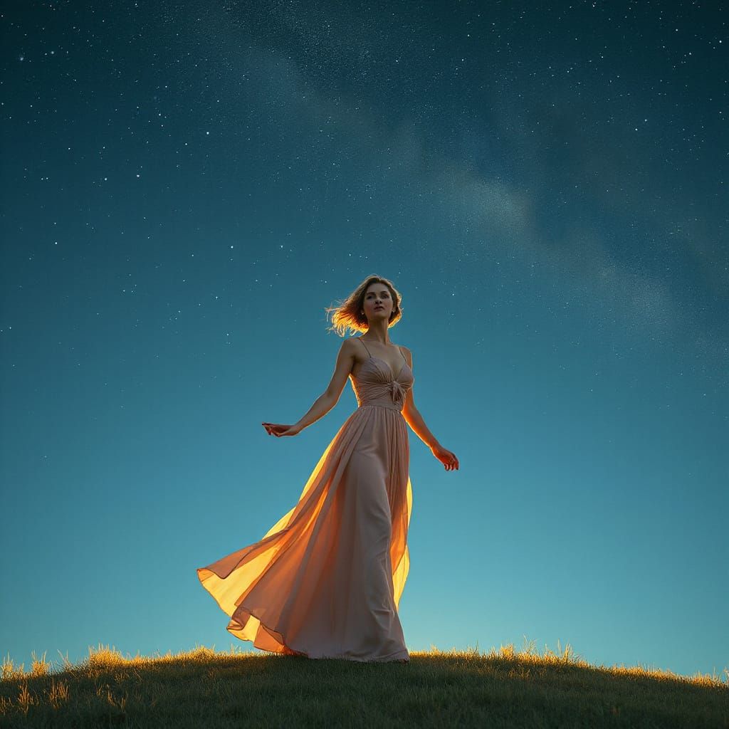 Elegant Woman Under Starry Night Sky