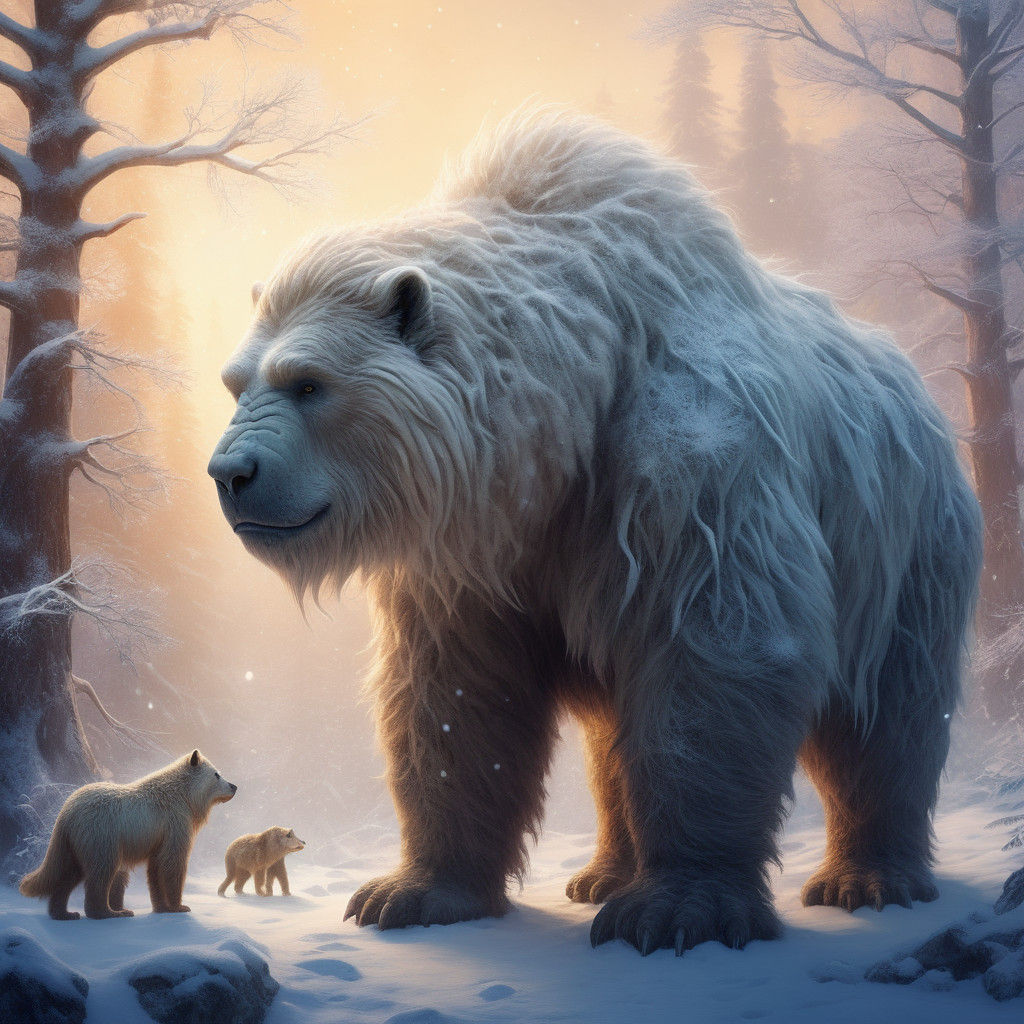 Mystical Winter Scene: Cuddling Yeti, Mammoth, and Dire Wolf