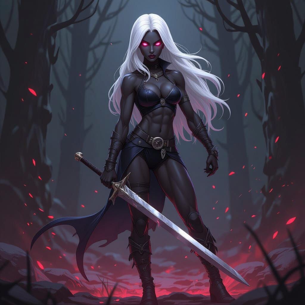 Muscular Drow Female with White Hair