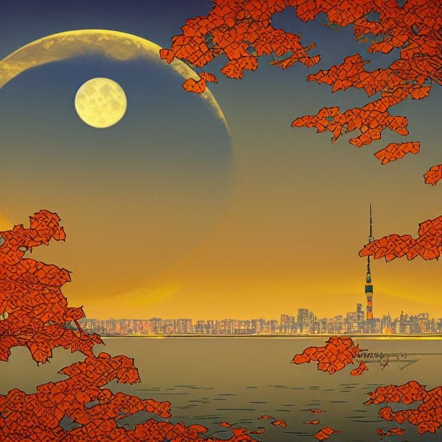 Tokyo Harbor Moonrise: Art Nouveau Autumn Festival