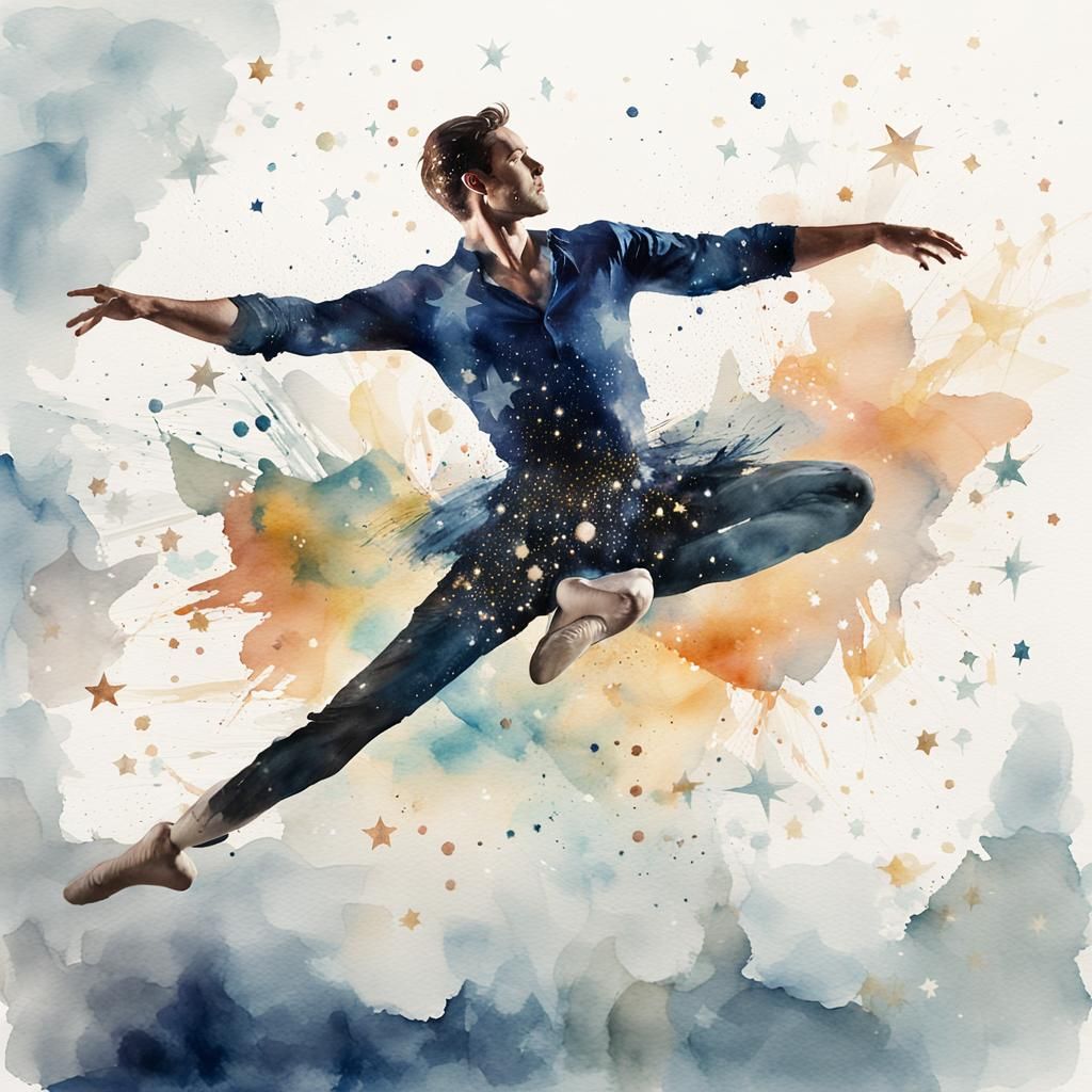Perfect ethereal and impressive male classical dancer, doing a jump with his legs open, which leaves him floating for a ...