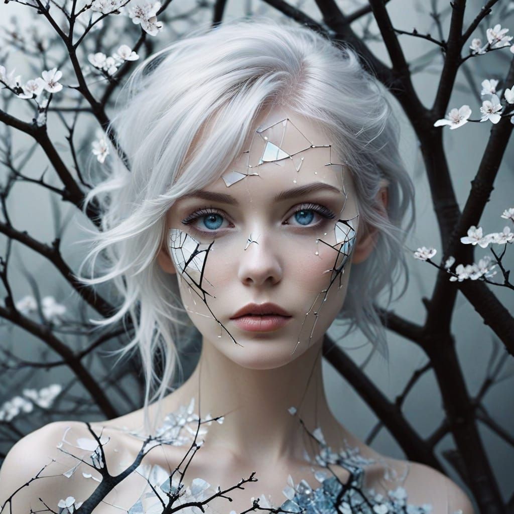 Ethereal Portrait of a Woman in Crystal Blue Eyes and Platin...