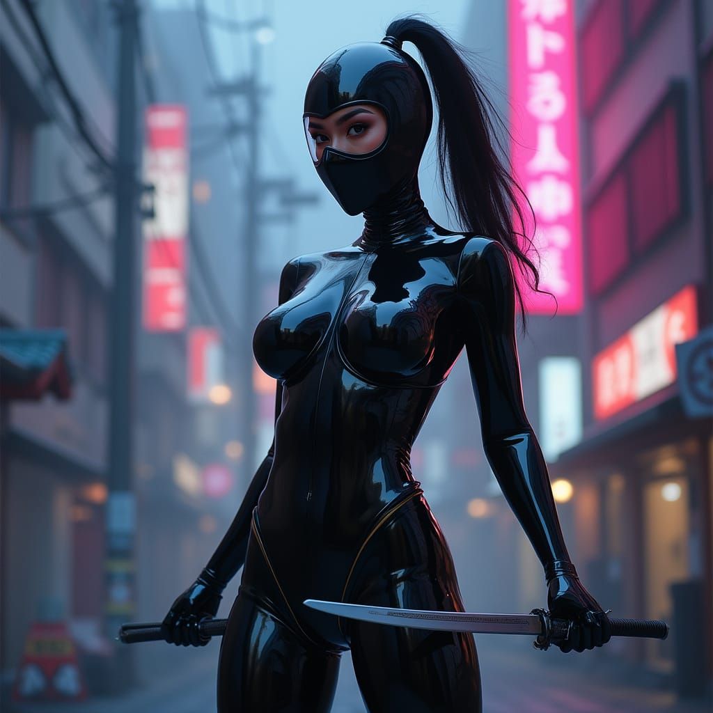 Futuristic Female Ninja in Neon-Lit Cityscape