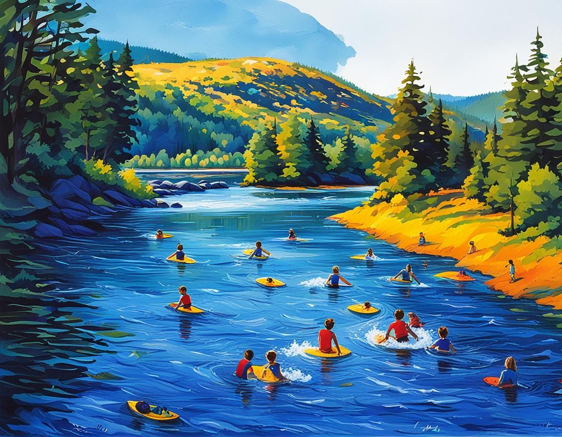 River Tubing and Surfing on a Sunny Summer Day