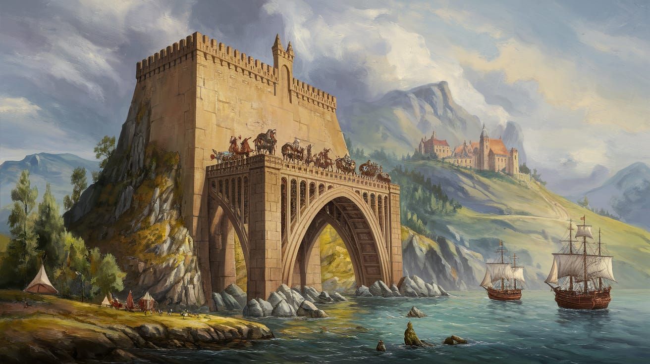 Medieval City on Mountain with Intricate Bridge and Ships