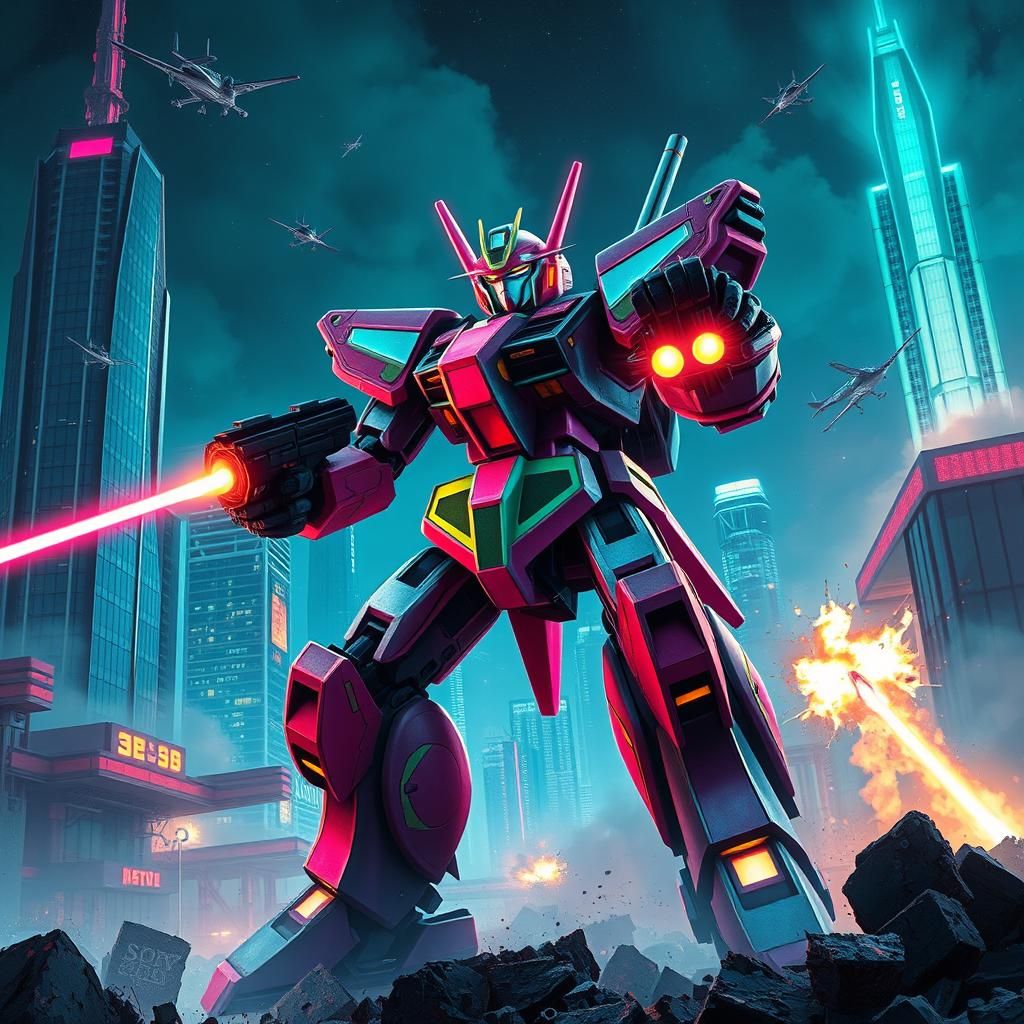 Retro Battle Mecha Robot in 1980s Cityscape