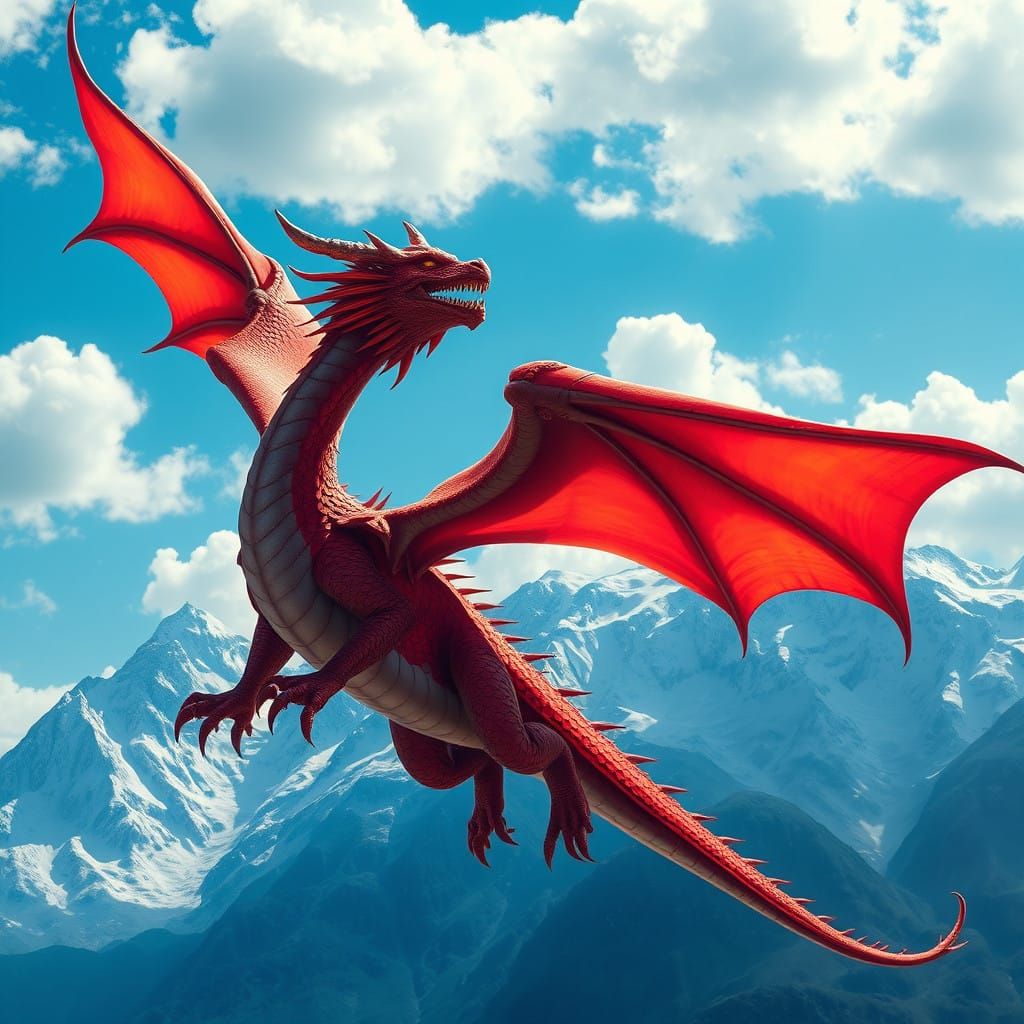 Majestic Dragon Soars Through Snow-Capped Mountains in Vibra...