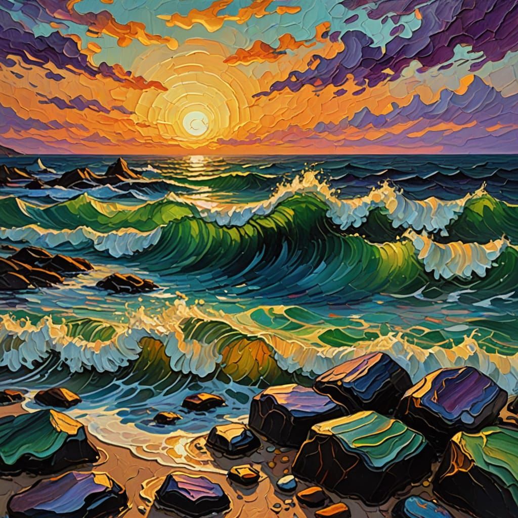 Vibrant Sunset Seascape as Impasto Oil Painting