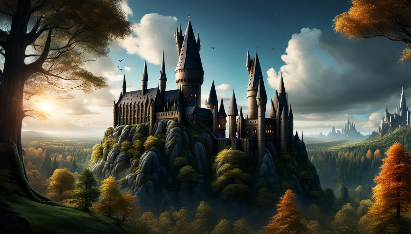 Hogwarts Castle Towers Over Forest Clearing