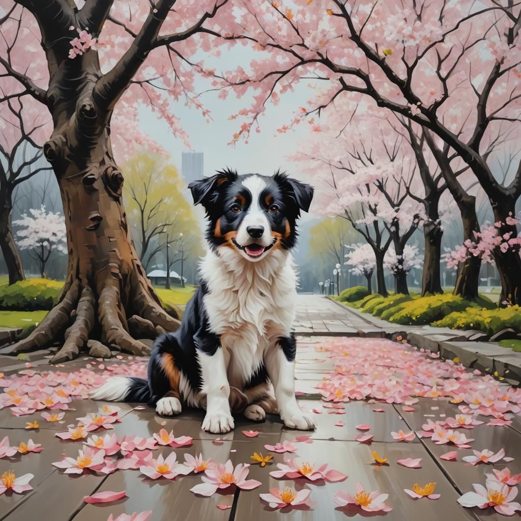 Border Collie Puppy in Cherry Blossom Oil Painting