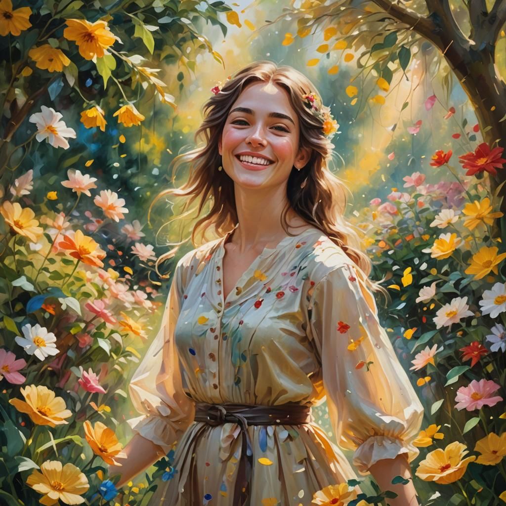 Serene Woman in Lush Garden as Oil Painting