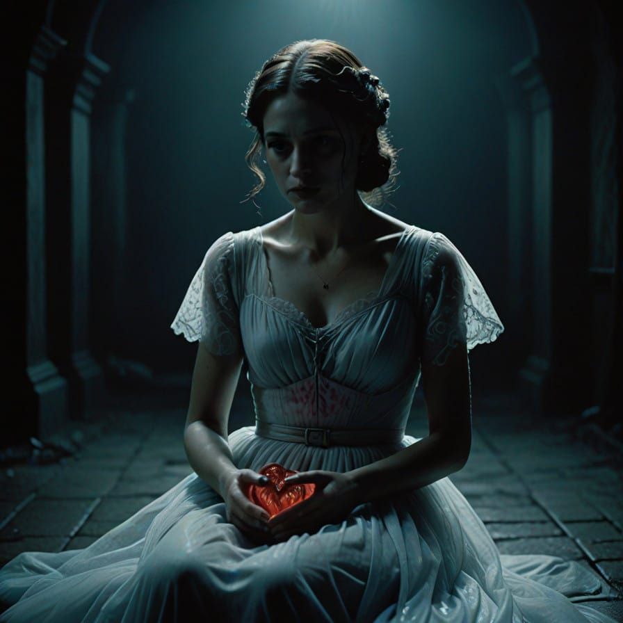Forlorn Girl Holds Shattered Heart in Cinematic Noir