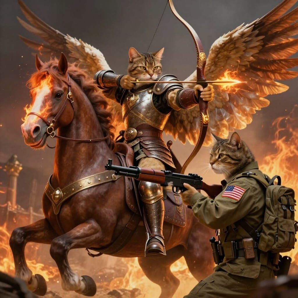 Cat Warrior Rides Fiery Pegasus Against Soldier Cat