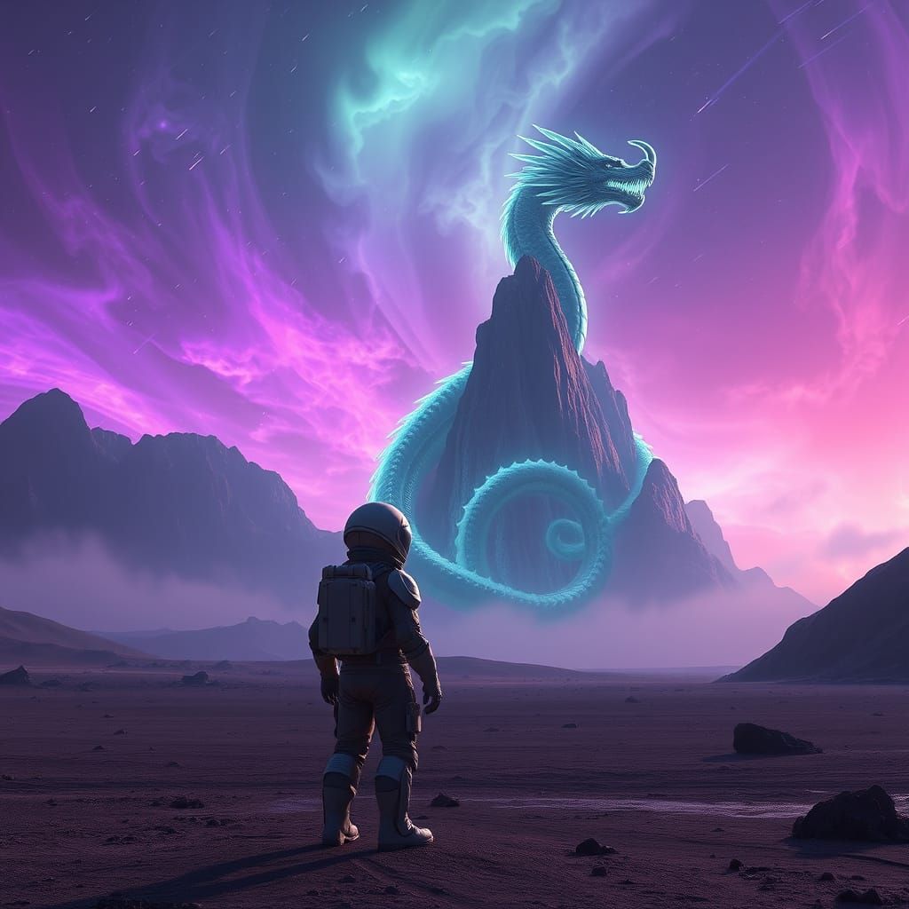 Astronaut Encounters Bioluminescent Dragon on Alien Planet