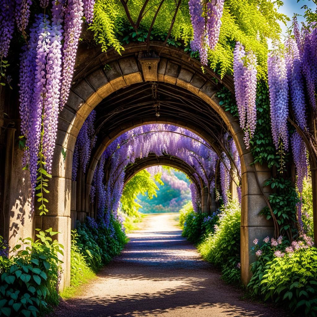 Enchanting Wisteria Archway with Sunlight and Butterflies