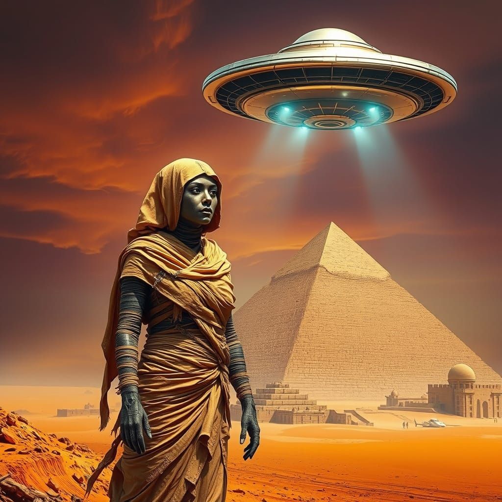 Majestic Female Mummy Beside Ancient Pyramid with Futuristic...