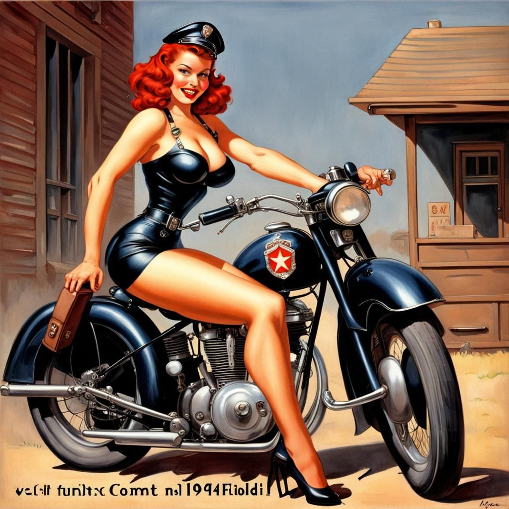 WWII Pin-Up Girl on Motorcycle in Hyperrealistic Style