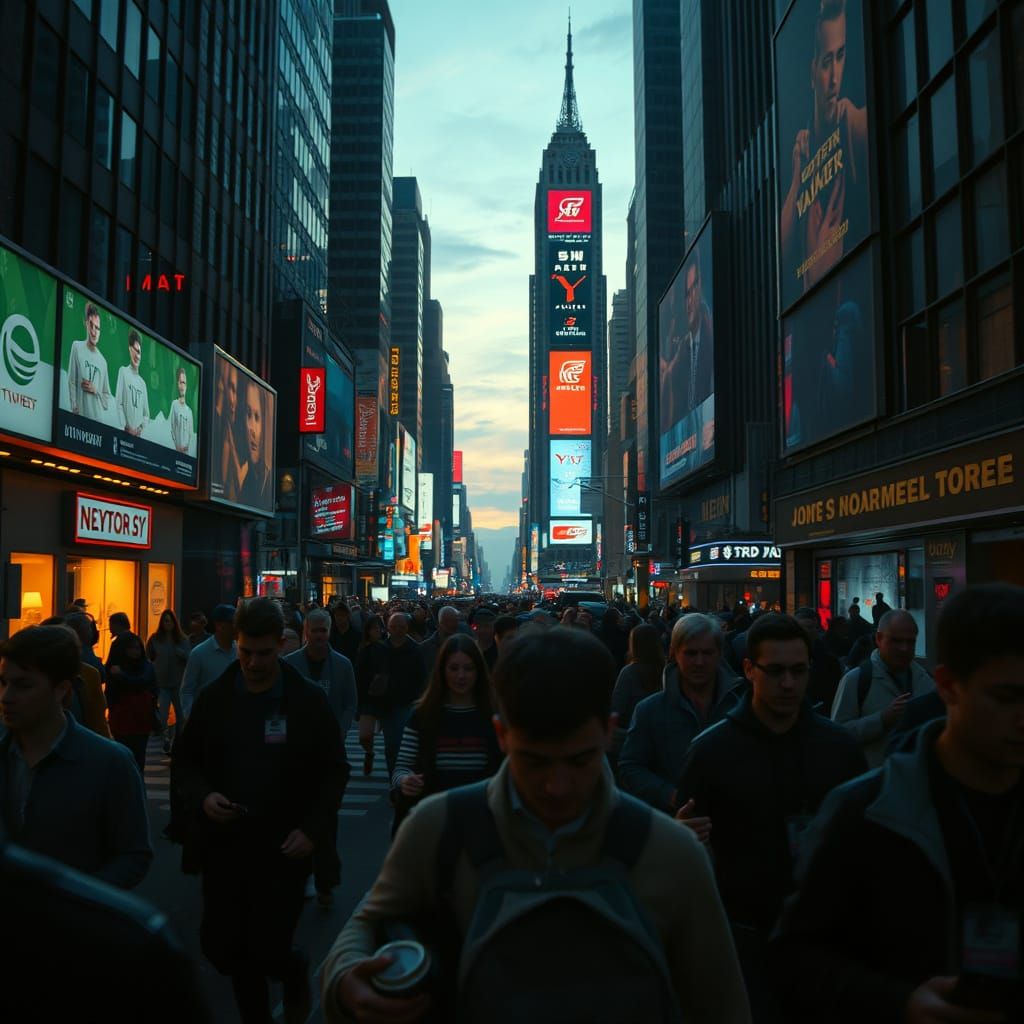 Futuristic Cityscape of Anxious Commuters Under Neon Lights