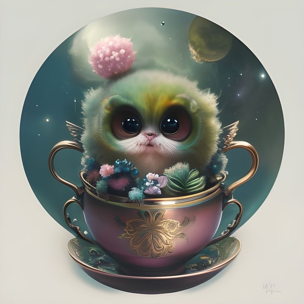 Cute Alien in Teacup, Hyperrealistic Digital Art