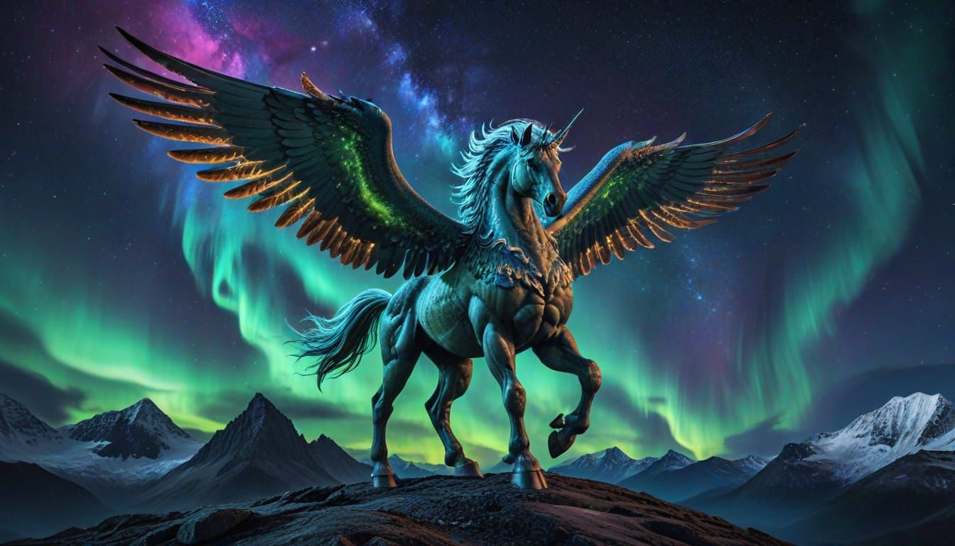 Majestic Pegasus on Mountain Under Galaxy Sky