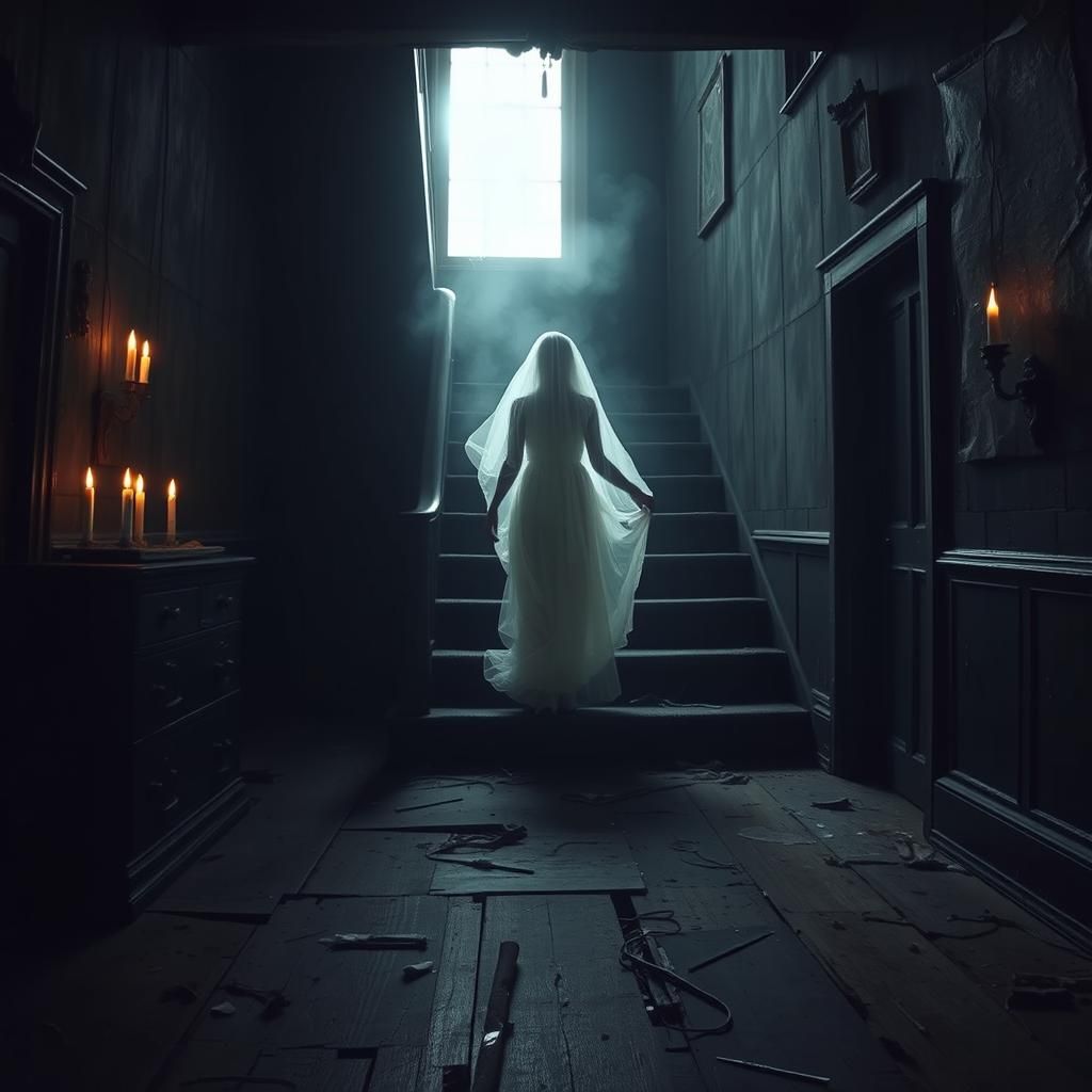 A haunted house interior with the spooky ghostly white woman at the staircase