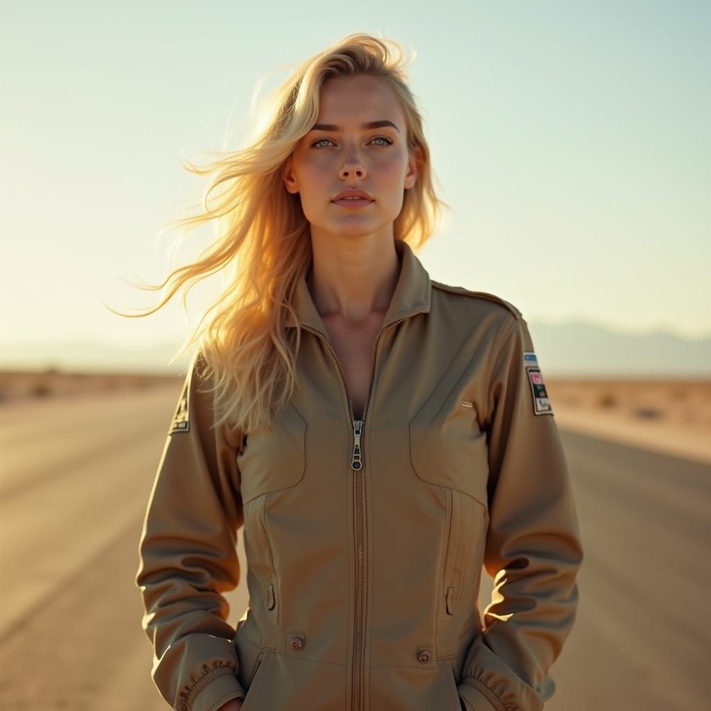 Confident Woman on Desert Runway in Photorealistic Style