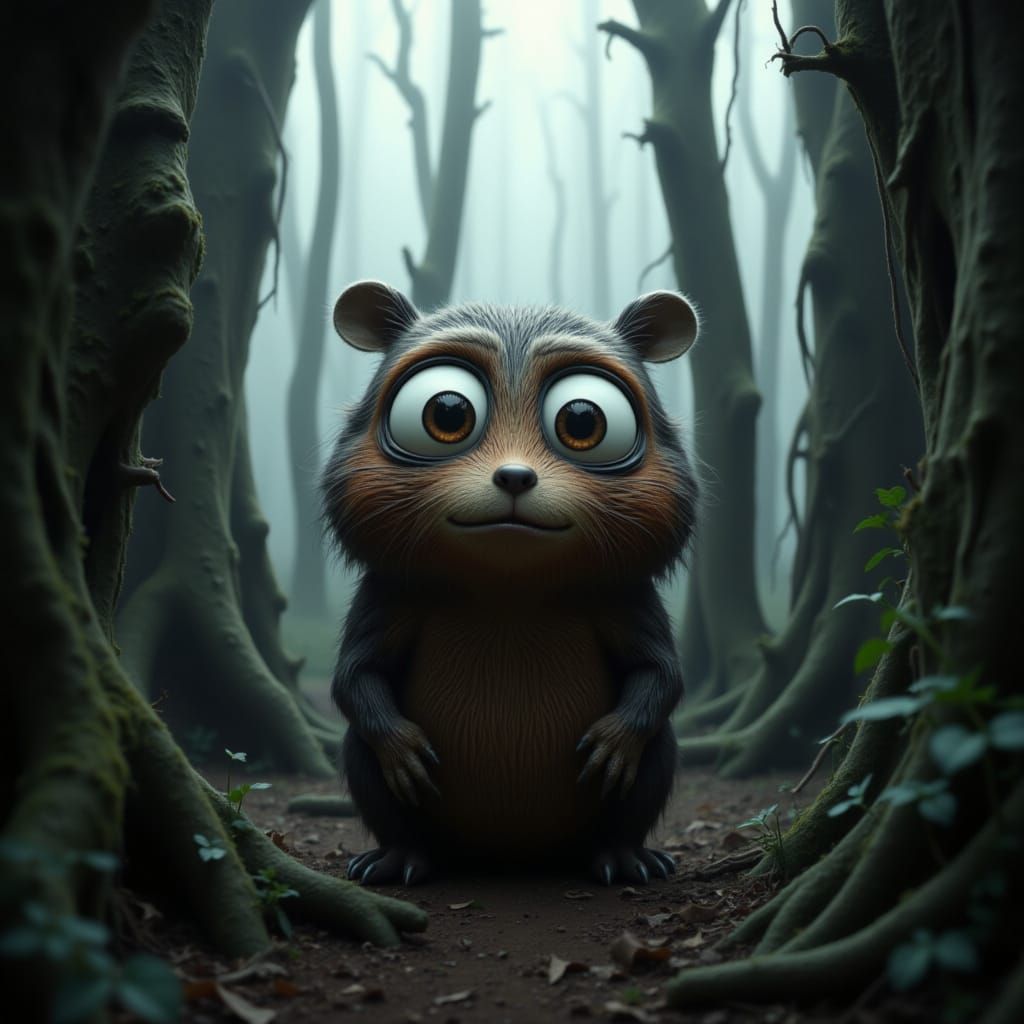 Cartoon Log Character in Dystopian Forest