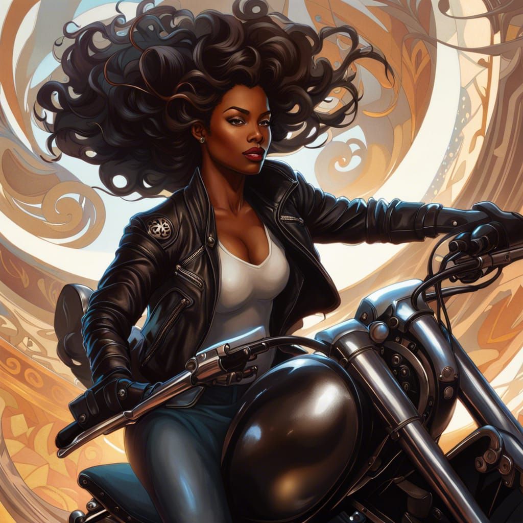 Woman on Motorcycle with Abstract Details