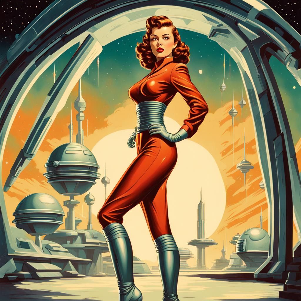 Retro Futurism Pinup Poster of a Woman in Sci-Fi