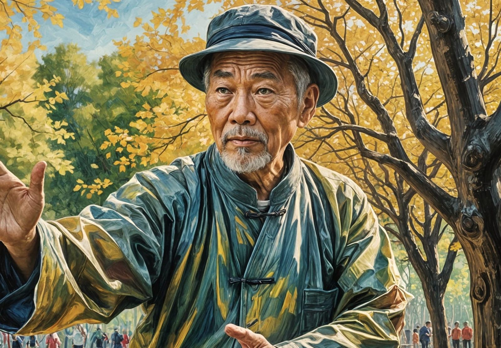 Tai Chi Master in Urban Park, Oil Painting