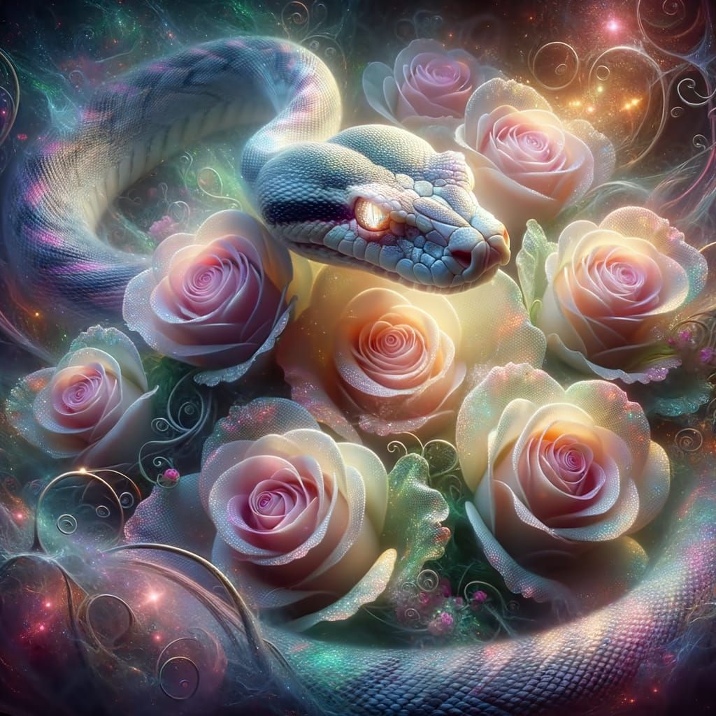 Ethereal Snake and Iridescent Roses in Enchanted Scene