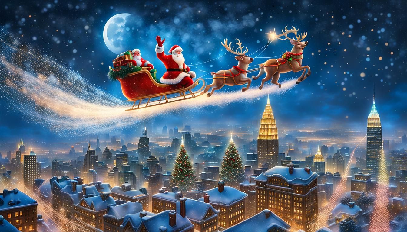 Santa's Ethereal Flight Over City at Christmas