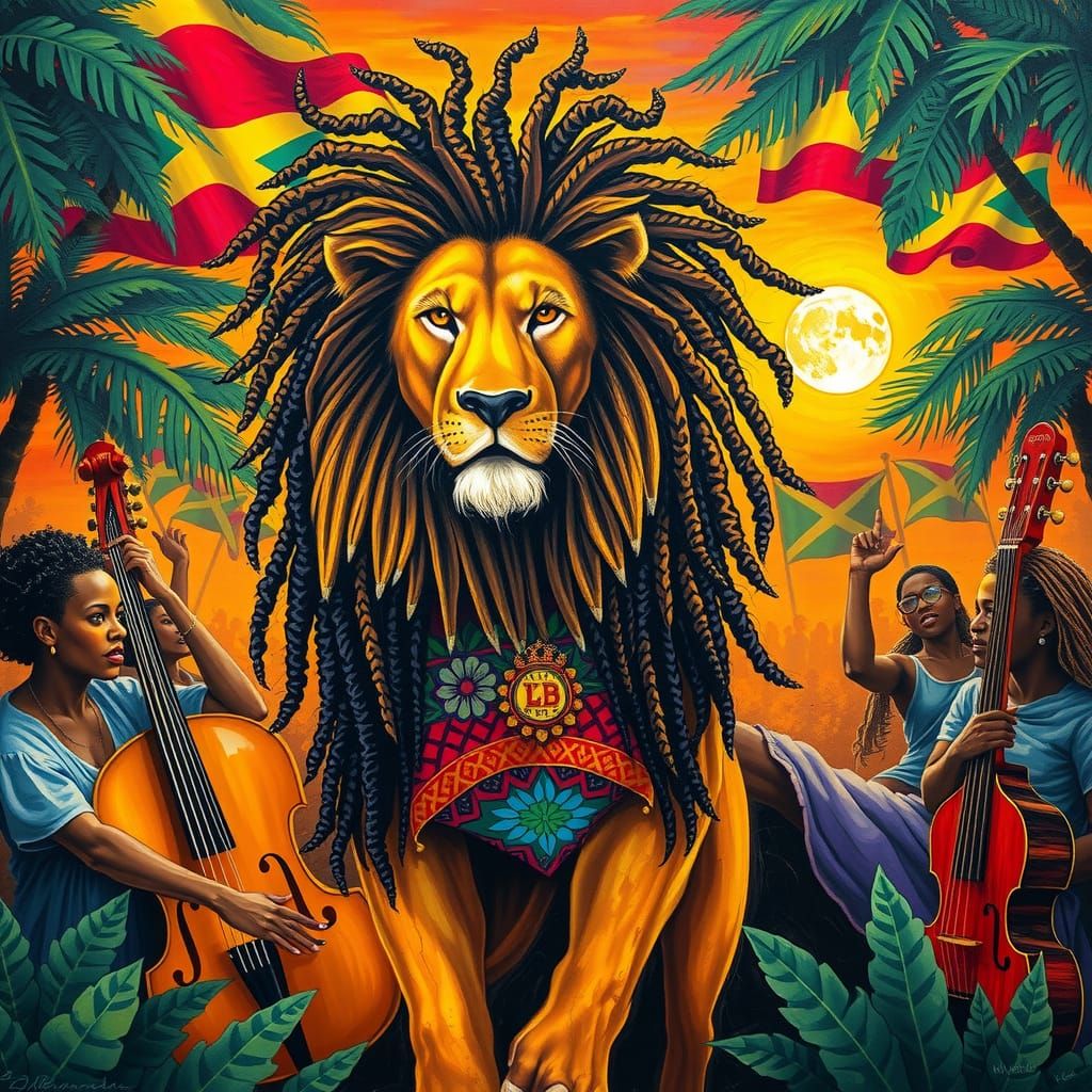 Reggae Lion in African Music Party, Expressive Abstract Art
