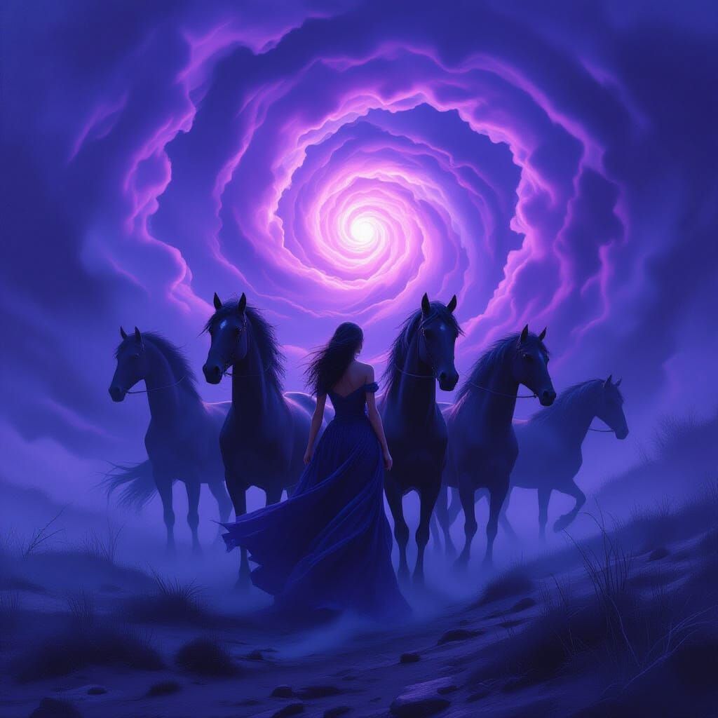 Woman with Four Horses in Mystical Dark Art Style
